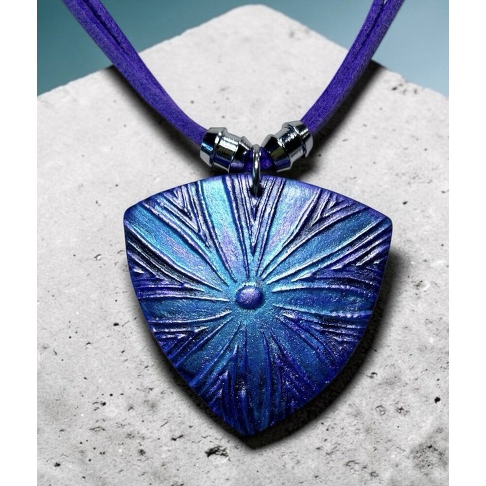 Handmade Blue & Purple Floral Textured Polymer Clay Pendant Necklace on Cord SS